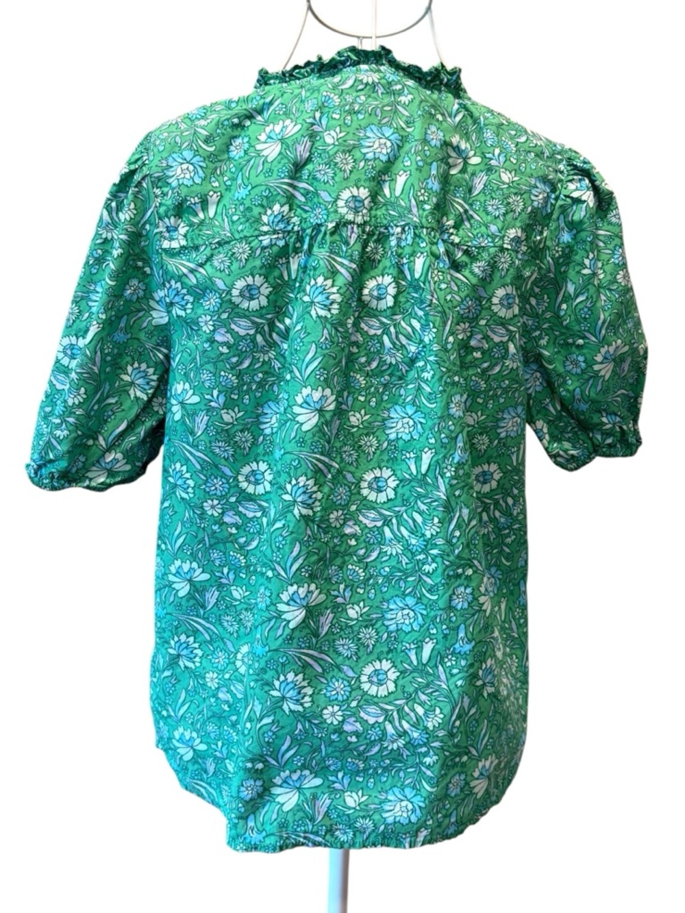 J.Crew Green Floral Cotton Puff Sleeve Ruffle Neck Blouse Top Size M - Picture 3 of 7